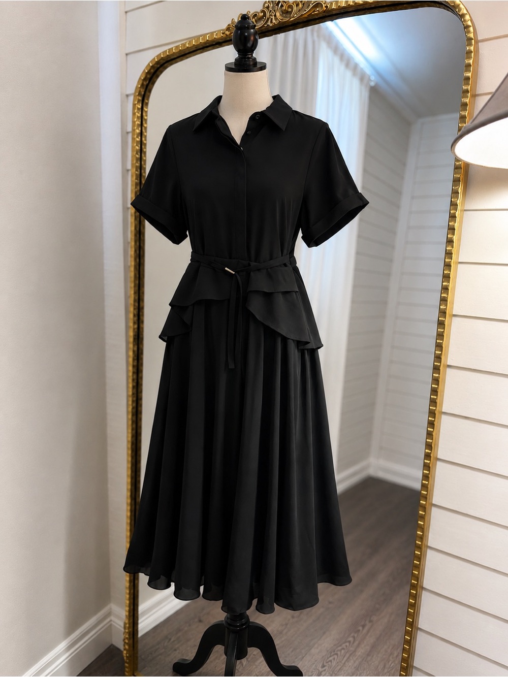 Jordan Black Midi Shirtwaist Dress with Tie Waist